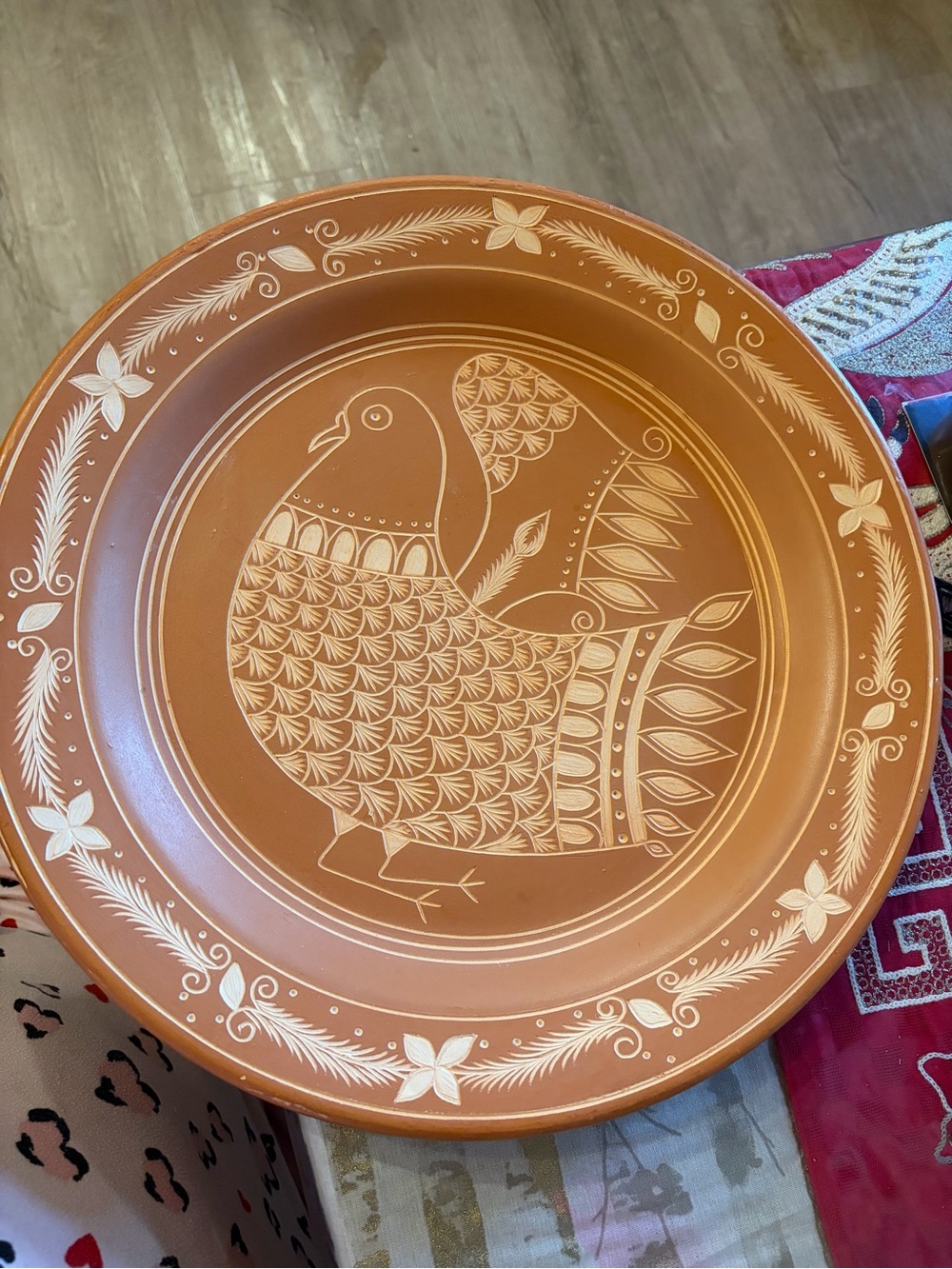 Decorative Terra Cotta Bird Serving Platter - Rust Vintage Spanish Skrafitti
